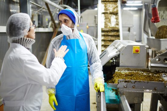 Two workers of seafood factory in uniform consulting about some working moments